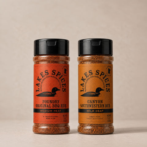 Two 5oz bottles of Lake Spices Rubs, one of Foundry Original BBQ Rub, one of Canyon Southwestern Rub.