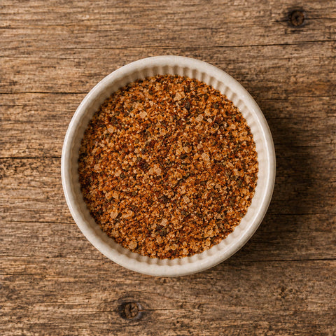 A top-down view of a small white ceramic bowl filled with a coarse seasoning blend, on a wooden table.