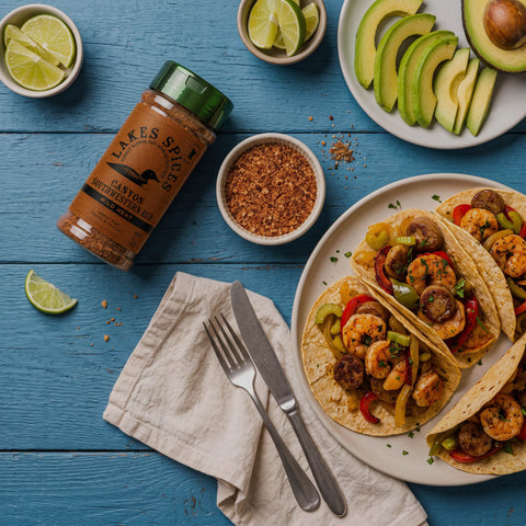A top-down shot of a bottle of Lake Spices Canyon Southwesten Rub, a white ceramic bowl of Southwestern Rub, a plate of shrimp tacos, a sliced avocado, and lime wedges, on a blue wooden table.