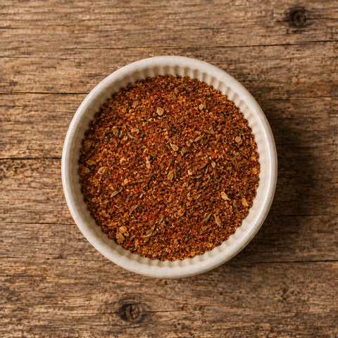 A top-down view of a small white ceramic bowl filled with a reddish-brown spice blend, on a wooden able.