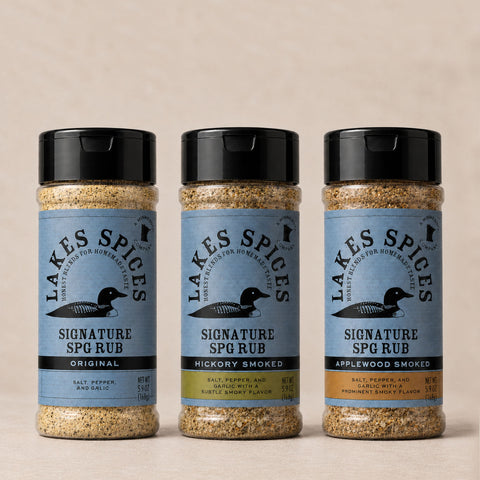 Three bottles of Lake Spices Rubs, one of each SPG flavor: Original, Hickory Smoked, and Applewood Smoked