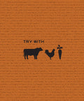 Product use suggestions: text reading “Try With,” and black icons of a rooster, cow, and carrot, against an orange background.