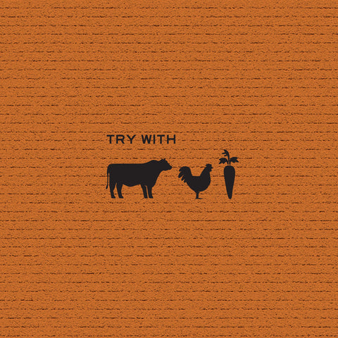 Product use suggestions: text reading “Try With,” and black icons of a rooster, cow, and carrot, against an orange background.