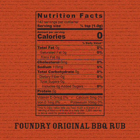 Key nutritionals: BBQ Rub
0 calories;
0g total fat;
115mg sodium;
0g total carb;
0g total sugar;
0g fiber;
0g protein;
0% daily requirement of Vitamin D, Calcium, Iron, and Potassium
