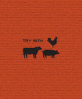 Product use suggestions: text reading “Try With,” and black icons of a rooster, cow, and pig, against a red background.