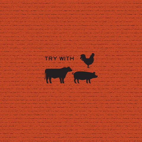 Product use suggestions: text reading “Try With,” and black icons of a rooster, cow, and pig, against a red background.