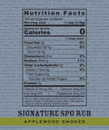 Key nutritionals: SPG Rub Applewood Smoked
0 calories;
0g total fat;
260mg sodium;
0g total carb;
0g total sugar;
0g fiber;
0g protein;
0% daily requirement of Vitamin D, Calcium, Iron, and Potassium