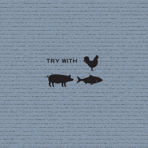 Product use suggestions: text reading “Try With,” and black icons of a rooster, pig, and fish, against a blue-grey background.