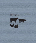 Product use suggestions: text reading “Try With,” and black icons of a cow, pig, rooster, and eggs, against a blue-grey background.