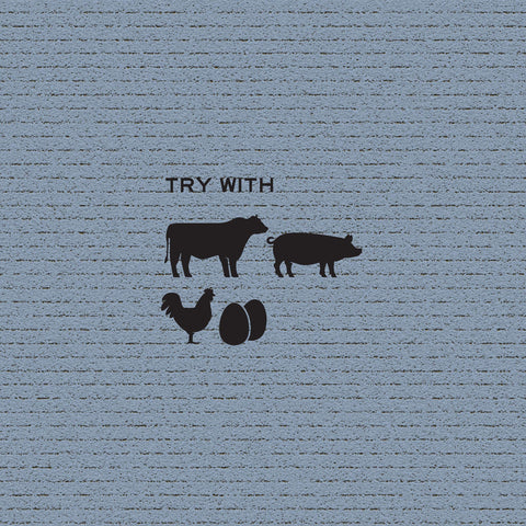 Product use suggestions: text reading “Try With,” and black icons of a cow, pig, rooster, and eggs, against a blue-grey background.