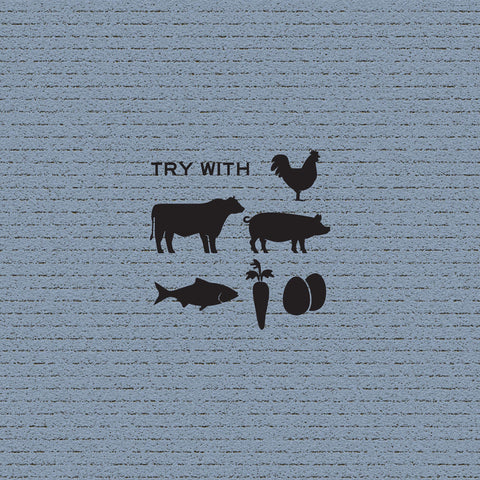 Product use suggestions: text reading “Try With,” and black icons of a rooster, cow, pig, fish, carrot, and eggs, against a blue-grey background.